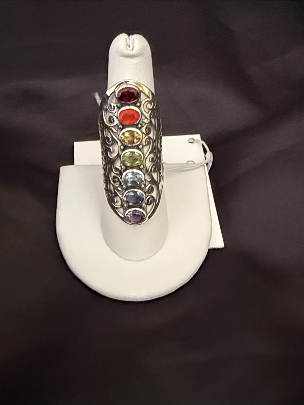 Sterling Silver-Plated Multi-Gemstone Ring - Silver with Rainbow Gems Size 9